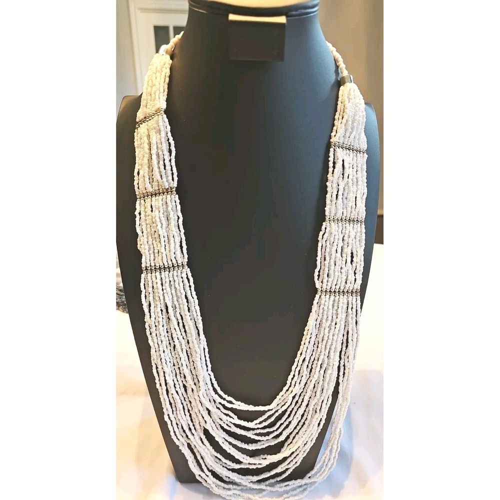 Multi-strand Necklace‎ Bali Handmade Beaded Necklace White And Silver 16 In